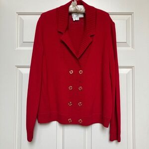 St John Sport By Marie Gray Red Knit Blazer Jacket Gold Button Women's Large